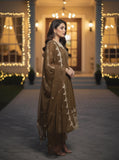Shahnoor  - 3pc Stitched Luxury Formals - Brown Gold Hazelnut